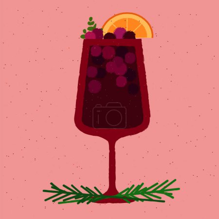 Dark red cocktail with berries, oranges and rosemary in stemware glass. Wine drink. Refreshing liquid for events. Mulled wine. Alcohol drink for bar. Flat vector illustration with texture
