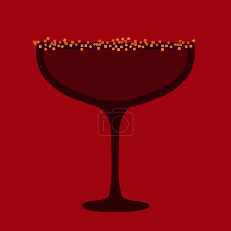 Dark red cocktail with sugar in margarita glass. Wine drink. Refreshing liquid. Berry beverage in glass. Forbidden fruit cocktail. Alcohol drink for bar. Flat vector illustration with texture