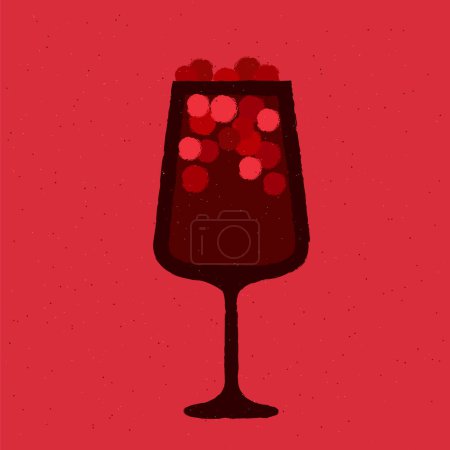 Dark red cocktail with berries in stemware glass. Wine drink. Refreshing liquid for the event. Kir royale cocktail. Alcohol drink for bar. Flat vector illustration with texture