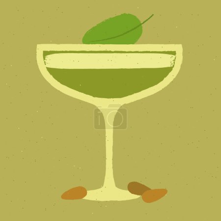 Green cocktail with basil, cream, almonds. Grandmas Garden in margarita glass. Refreshing liquid. Morning in the garden cocktail. Alcohol drink for bar. Flat vector illustration with texture
