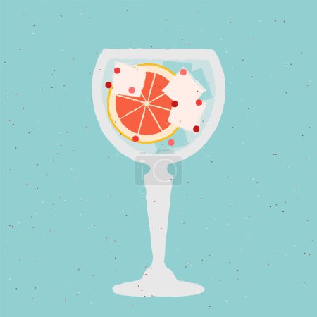 Cocktail with ice cubes, peppercorns and grapefruit. Spicy drink with gin tonic in stemware glass. Refreshing liquid. Alcohol drink for bar. Flat vector illustration with texture
