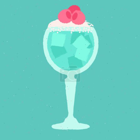 Blue cocktail with raspberries, cream, and ice cubes. Milkshake. Alcohol drink for bar. Cold soft liquid in stemware glass. Non-alcoholic beverage. Flat vector illustration with texture