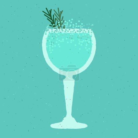 Blue cocktail with rosemary. Refreshing mocktail. Blue Lagoon. Alcohol drink for bar. Cold soft liquid in stemware glass. Goblet glass. Non-alcoholic beverage. Flat vector illustration with texture