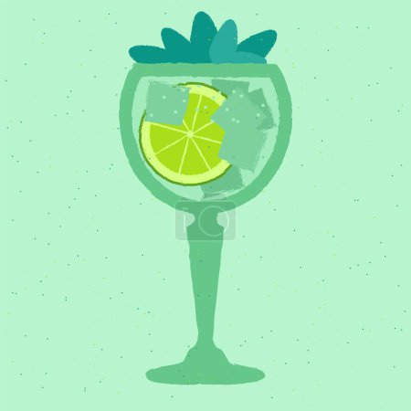Cóctel azul con limón, soda y gin tonic. Un cóctel refrescante. Laguna Azul. Bebida alcohólica para el bar. Líquido blando frío en vidrio de copas. Bebida no alcohólica. Ilustración vectorial plana con textura