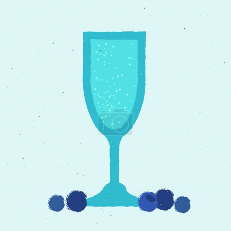 Blue cocktail with berries and blueberries. Mocktail with bubbles and soda. Alcohol drink for bar. Cold soft liquid in stemware glass. Non-alcoholic beverage. Flat vector illustration with texture