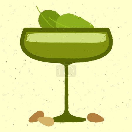 Green cocktail with leaves, cream, almonds. Grandmas Garden in margarita glass. Refreshing liquid. Morning in the garden cocktail. Alcohol drink for bar. Flat vector illustration with texture