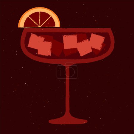 Dark red cocktail with ice cubes and grapefruit in margarita glass. Wine drink. Refreshing liquid for events. Mulled wine. Alcohol drink for bar. Flat vector illustration with texture
