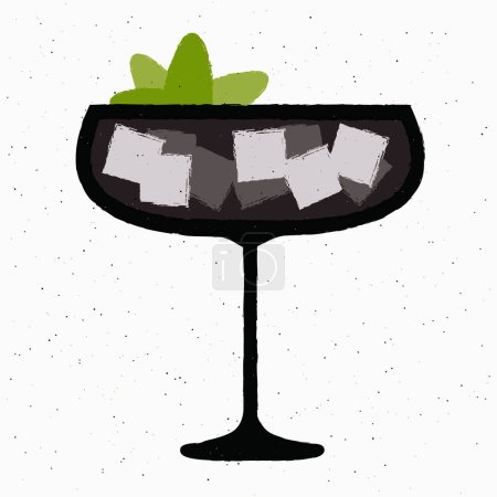 Black cocktail with ice cubes and leaves. Dark drink in margarita glass. Black pearl cocktail. Refreshing liquid. Alcohol drink for bar. Flat vector illustration with texture