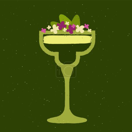 Green cocktail with flowers, leaves and cream. Fresh in margarita glass. Smoothie. Milkshake. Liquid for the event. Alcohol drink for bar. Non-alcoholic beverage. Flat vector illustration with texture
