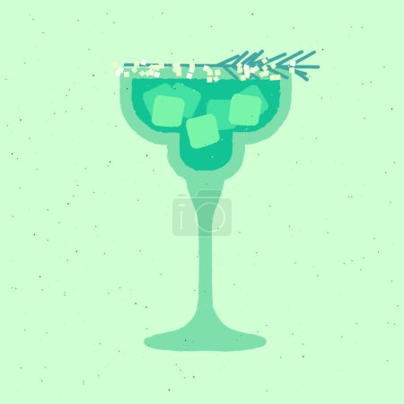 Blue cocktail with rosemary and ice cubes. Refreshing mocktail. Soda and gin tonic in a margarita glass. Alcohol drink for bar. Non-alcoholic beverage. Flat vector illustration with texture