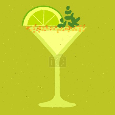 Green cocktail with lime, sugar, herbs. Lemonade with lime in martini glass. Gin tonic with tequila. Alcohol drink for bar. Non-alcoholic beverage. Flat vector illustration with texture