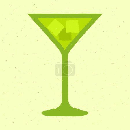 Green cocktail with ice cubes in a martini glass. Refreshing liquid for events. Tequila drink. Alcohol drink for bar. Flat vector illustration with texture