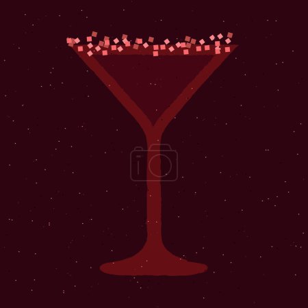 Dark red cocktail with sugar in a martini glass. Wine drink. Refreshing liquid. Berry beverage in glass. Forbidden fruit cocktail. Alcohol drink for bar. Flat vector illustration with texture
