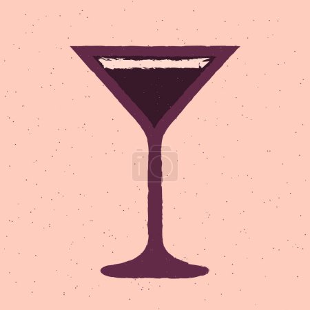 Dark purple cocktail with cream. Refreshing mocktail. Alcohol drink for bar. Cold soft liquid in martini glass. Stemware glass. Non-alcoholic beverage. Flat vector illustration with texture