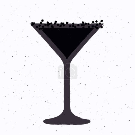 Black cocktail with sugar. Dark cocktail in martini glass. Cocktail Black Widow. Alcohol drink for bar. Non-alcoholic beverage. Flat vector illustration with texture
