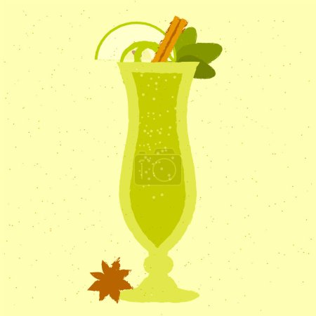 Green cocktail with apple, cinnamon, star anise in hurricane glass. Refreshing liquid for events. Aromatic tea. Alcohol drink for bar. Flat vector illustration with texture
