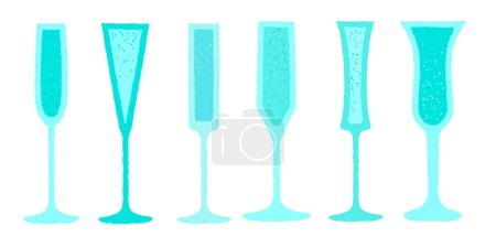 Vector conjunto de vasos de cóctel planos. Surtido de copas de champán en azul. Champán azul para eventos. Bebidas frías para el bar. Bebidas carbonatadas. Ilustración con textura. Alcohol líquido en copa de vino