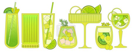 Green cocktails set. Soft drinks with ice cubes, lime, kiwi, grapes. Margarita cocktail. Smoothie. Alcohol drink for bar. Non-alcoholic beverage. Flat vector illustration with outline, gradient