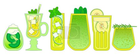 Green cocktails set. Soft drinks with ice cubes, lime, lemon, apple. Tea. Detox liquid. Smoothie. Alcohol drink for bar. Non-alcoholic beverage. Flat vector illustration with outline, gradient