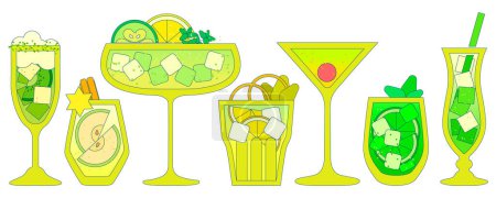 Green cocktails set. Soft drinks with ice cubes, lime, lemon, apple kiwi, cucumber. Tea. Detox liquid. Alcohol drink for bar. Non-alcoholic beverage. Flat vector illustration with outline, gradient