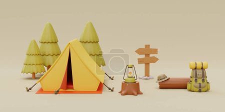 Campsite in nature with tent and elements for camping, summer camp, traveling, trip, hiking. 3d rendering