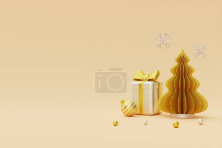 Christmas and New Year background with gift box and gold Xmas pine tree decoration for christmas. 3d rendering.