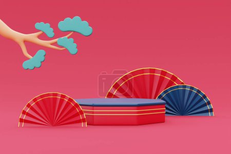 Téléchargez les photos : Affichage 3D du podium pour le concept de nouvelle année chinoise sur fond rouge, festivals chinois, lunaire, CYN 2023, rendu 3d. - en image libre de droit