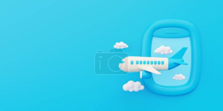 Photo for 3D Airplane flying in clouds with airplane window on blue background, Tourism and travel concept, holiday vacation, worldwide trip journey, 3d rendering - Royalty Free Image