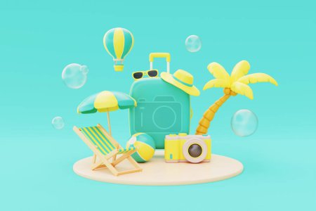 Photo for Summer time concept with suitcase, beach chair, umbrella, coconut palm, camera and hot air balloon floating. holiday and vacation, 3d rendering - Royalty Free Image