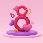 International Women's Day. 8 march. Number 8 with female sign, hearts and flowers on pink background. Mother's Day. 3d rendering