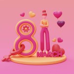 International Women's Day. 8 march. Cute woman with Number 8, female sign, hearts and flowers. femininity, diversity. Mother's Day. 3d rendering