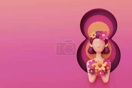 Foto de International Women's Day. 8 march. Cute woman with Number 8, female sign, hearts and flowers. femininity, diversity. Mother's Day. 3d rendering - Imagen libre de derechos