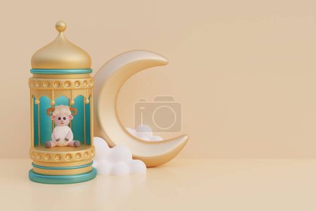Téléchargez les photos : Ramadan Kareem ou Eid Al Adha moubarak avec moutons dessin animé mignon, lanterne d'or et croissant de lune. Festival islamique musulman, 3d renderin - en image libre de droit