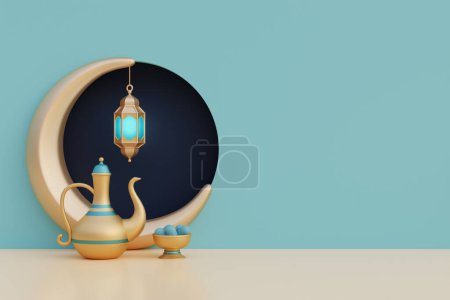 Téléchargez les photos : Moubarak Ramadan Kareem ou Aïd Al Adha avec croissant de lune d'or, lanterne, cafetière et dattes séchées. Festival islamique musulman. Rendement 3d - en image libre de droit