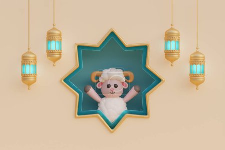 Téléchargez les photos : Ramadan Kareem ou Eid Al Adha moubarak avec moutons dessin animé mignon, lanterne d'or et croissant de lune. Festival islamique musulman, 3d renderin - en image libre de droit