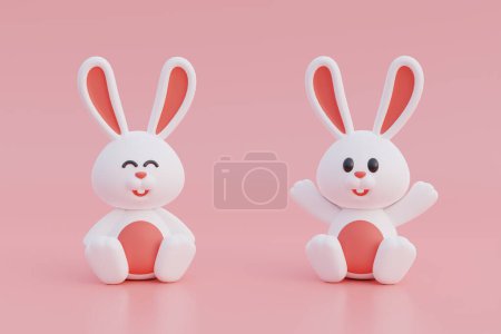 Téléchargez les photos : Mignon lapin dessin animé isolé sur fond rose. Joyeux jour de Pâques. Célébration internationale du printemps. Rendu 3d - en image libre de droit