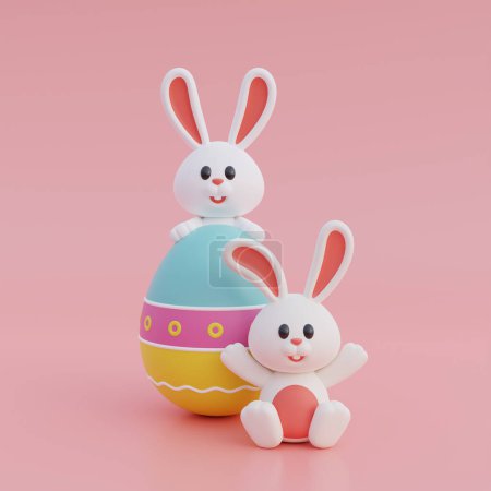 Photo for Cute cartoon bunny and easter eggs isolated on pink background. Happy Easter day. International Spring Celebration. 3d rendering - Royalty Free Image