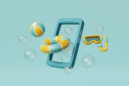 Foto de Smartphone 3d con elementos de verano, pelota de playa y snorkel. Vacaciones de verano. renderizado 3d - Imagen libre de derechos