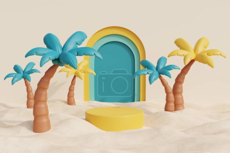 Photo for 3d Summer tropical sand beach on a sunny day with yellow podium display, coconut trees, and summer elements. 3d rendering - Royalty Free Image