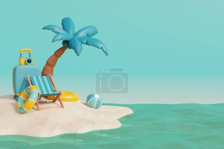 Téléchargez les photos : 3d Été plage de sable tropical par une journée ensoleillée avec étui, chaise de plage, cocotiers et éléments d'été. Rendu 3d - en image libre de droit