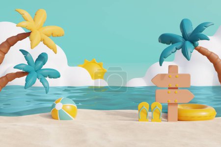Foto de Playa de arena tropical de verano 3d en un día soleado con cocoteros y elementos de verano. renderizado 3d - Imagen libre de derechos