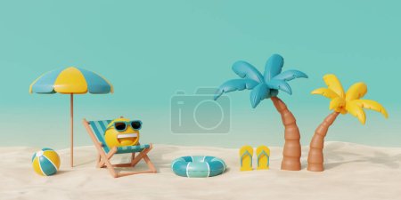 Foto de Playa de arena tropical de verano 3d en un día soleado con silla de playa, sombrilla, cocotero y elementos de verano. renderizado 3d - Imagen libre de derechos