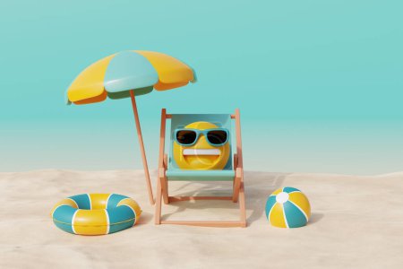 Téléchargez les photos : 3d Été plage de sable tropical par une journée ensoleillée avec chaise de plage, parasol, cocotier et éléments d'été. Rendu 3d - en image libre de droit