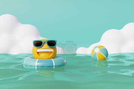 Téléchargez les photos : Balle de plage 3d flottant dans la mer avec un caractère jaune souriant portant des lunettes de soleil.. concept de voyage d'été. Rendu 3d - en image libre de droit