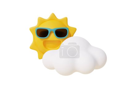 Téléchargez les photos : Caractère soleil 3d portant des lunettes de soleil avec nuage, plage de sable tropical d'été par une journée ensoleillée. Vacances d'été. Rendu 3d - en image libre de droit