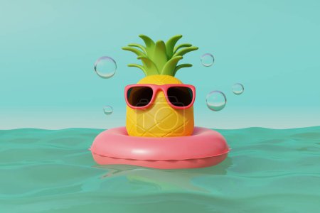 Téléchargez les photos : 3d ananas portant des lunettes de soleil avec anneau gonflable flottant dans la mer, plage tropicale d'été par une journée ensoleillée. Vacances d'été. Rendu 3d - en image libre de droit