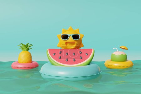 Téléchargez les photos : 3d pastèque, ananas, noix de coco avec anneau gonflable flottant dans la mer, plage tropicale d'été par une journée ensoleillée. Vacances d'été. Rendu 3d - en image libre de droit