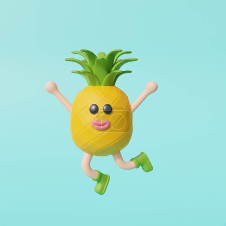 Photo for 3d Pineapple character isolated on blue blackground. Summer vacation. 3d rendering - Royalty Free Image