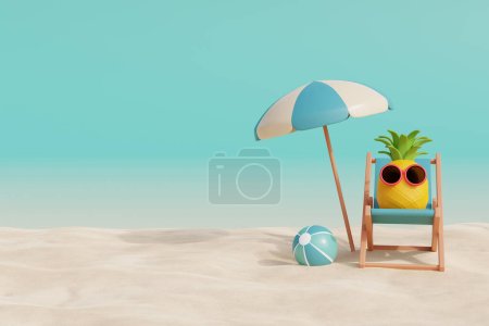 Téléchargez les photos : 3d Ananas portant des lunettes de soleil avec chaise de plage et parasol, plage tropicale d'été par une journée ensoleillée. Vacances d'été. Rendu 3d - en image libre de droit