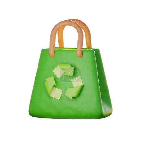 Foto de 3d verde bolsa de compras con símbolo de reciclaje. Día mundial del medio ambiente, respetuoso del medio ambiente, estilo de dibujos animados, 3d renderizado. - Imagen libre de derechos